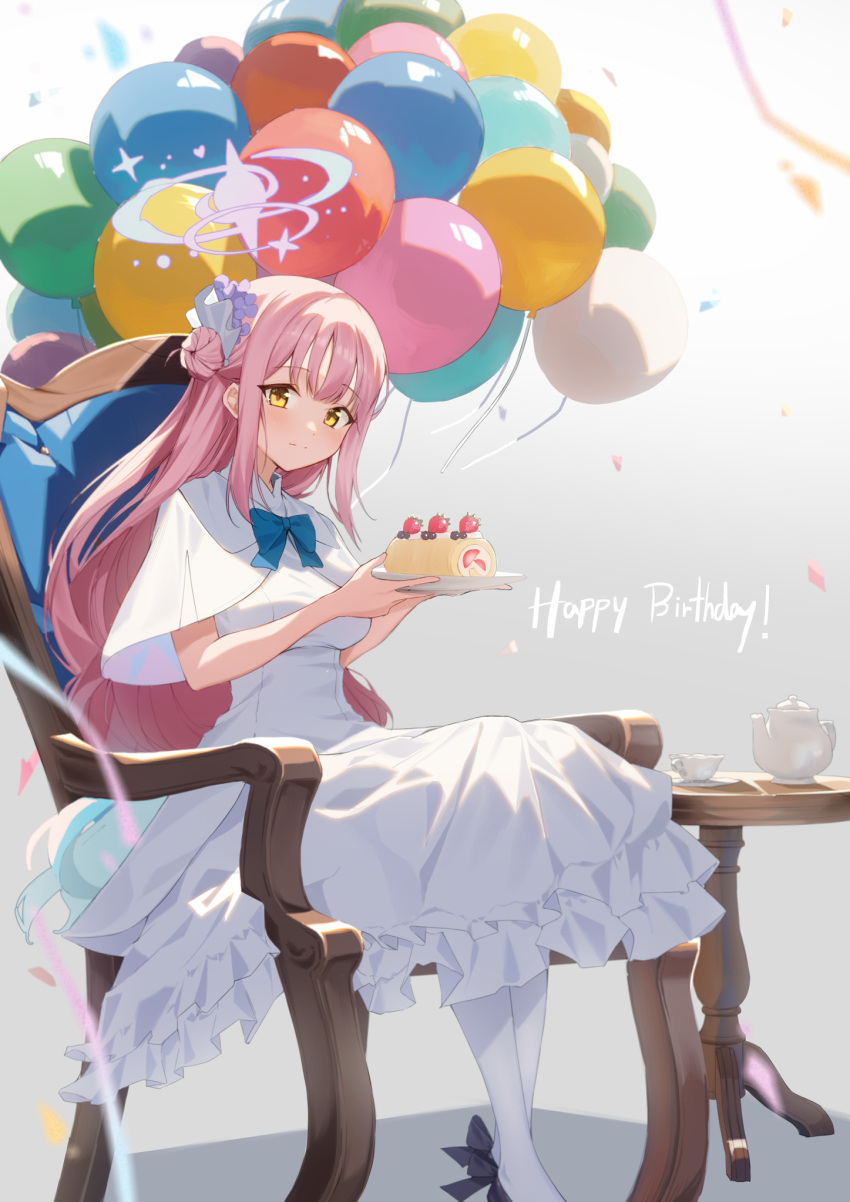 1girl, blue_archive, blue_ribbon, cake, dress, food, halo, happy_birthday