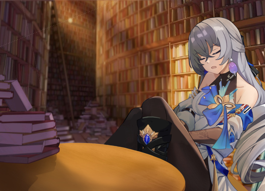 1girl, black_footwear, black_pantyhose, boots, bronya_rand, closed_eyes, earrings, honkai:_star_rail, honkai_(series), jewelry, ladder, library, long_hair, long_sleeves, open_mouth, pants, pantyhose, prickly-chan_(ycactussprout), ringlets, shirt, sleeping, solo, white_shirt