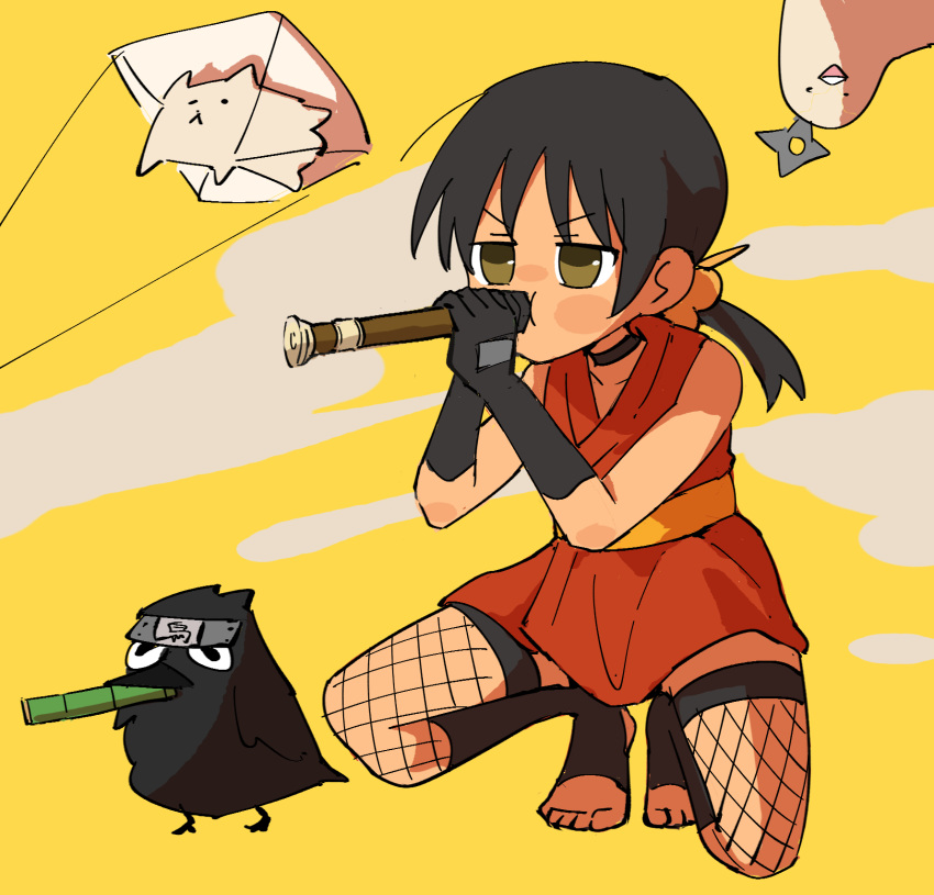 1girl, animal, bird, black_hair, brown_eyes, choker, crow, dart_gun