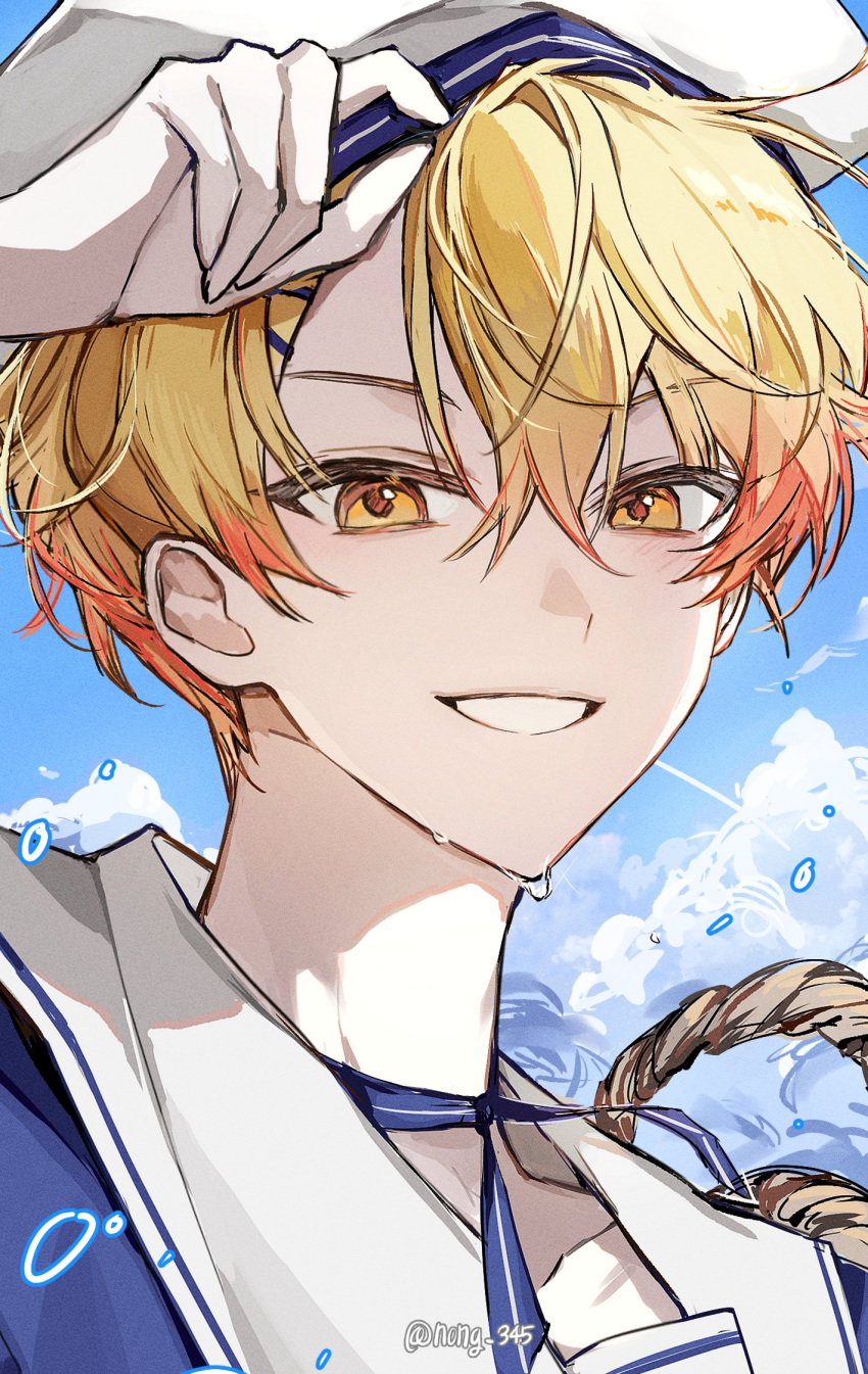 1boy, blonde_hair, blue_headwear, blue_ribbon, blue_sailor_collar, blue_shirt, blue_sky, clouds