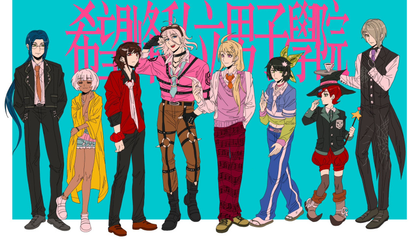 6+girls, :3, :d, ahoge, akamatsu_kaede, antenna_hair, barbed_wire, black_choker