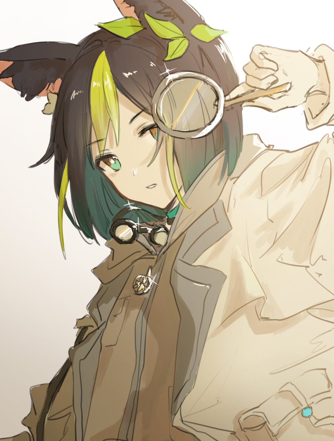 1boy, animal_ears, black_hair, blush, brown_eyes, brown_hoodie, euphoria_lberte, fox_boy, fox_ears, genshin_impact, gloves, goggles, green_eyes, green_hair, grey_background, hair_ornament, highres, hood, hood_down, hoodie, jacket, leaf_hair_ornament, light_green_hair, long_sleeves, male_focus, multicolored_eyes, multicolored_hair, parted_lips, short_hair, sketch, solo, teeth, tighnari_(genshin_impact), white_background, white_gloves, white_jacket