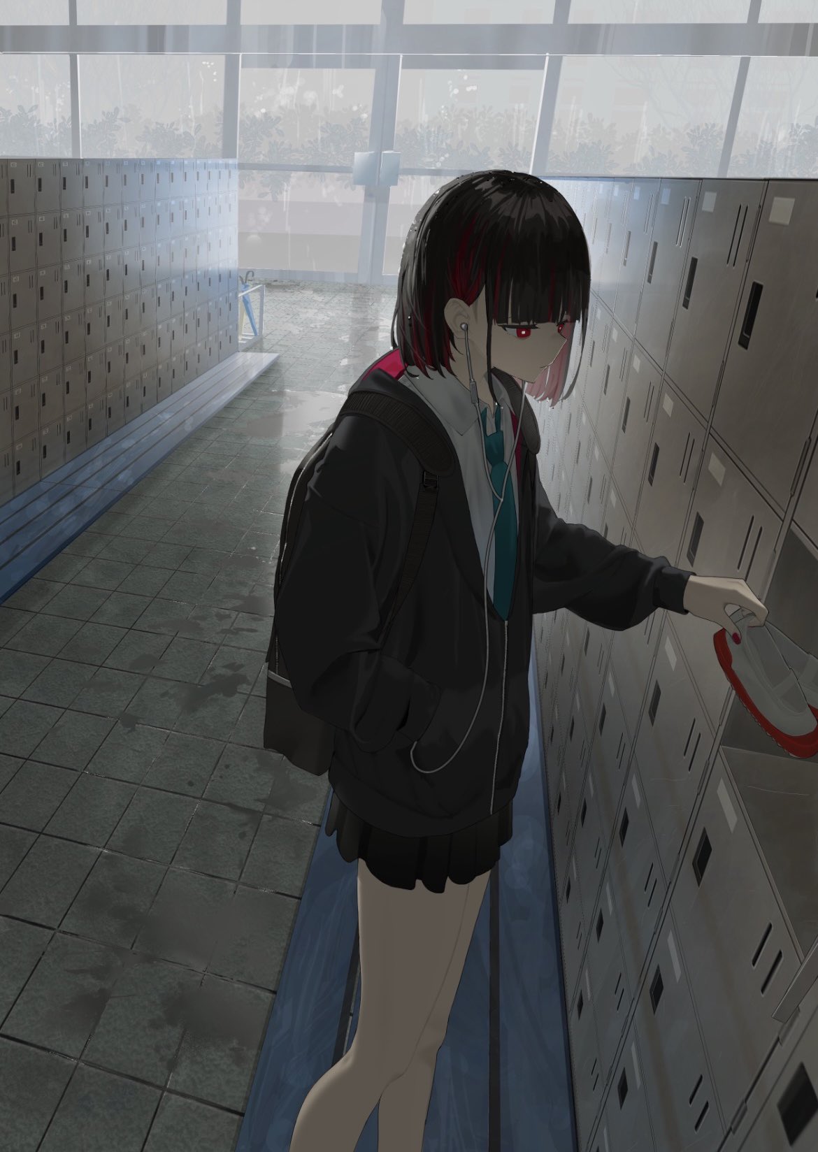 1girl, 38_(sanjuuhachi), backpack, bag, black_bag, black_hair, black_hoodie, black_skirt
