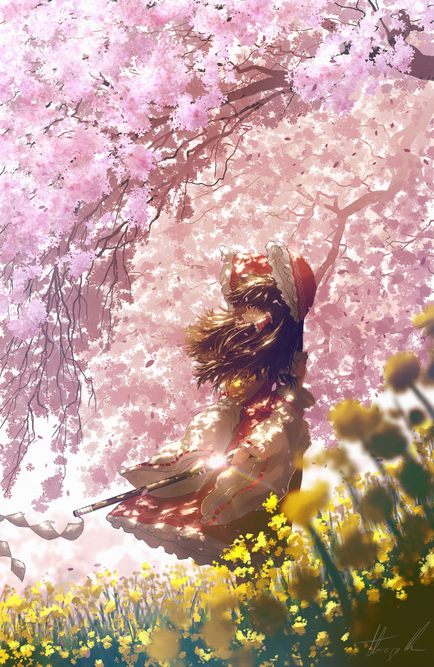 1girl, absurdres, blurry, bow, brown_eyes, brown_hair, cherry_blossoms, commentary