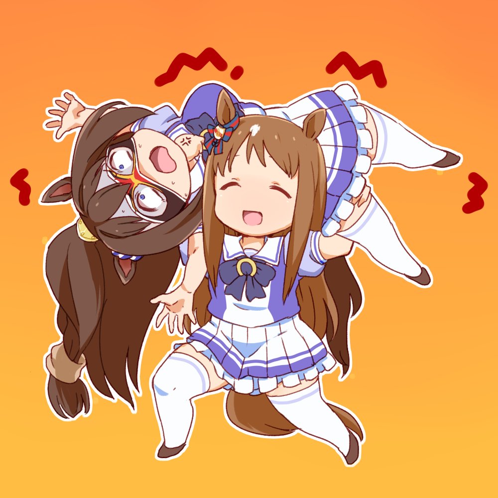 2girls, anger_vein, animal_ears, blue_bow, blue_eyes, bow, bowtie, brown_footwear