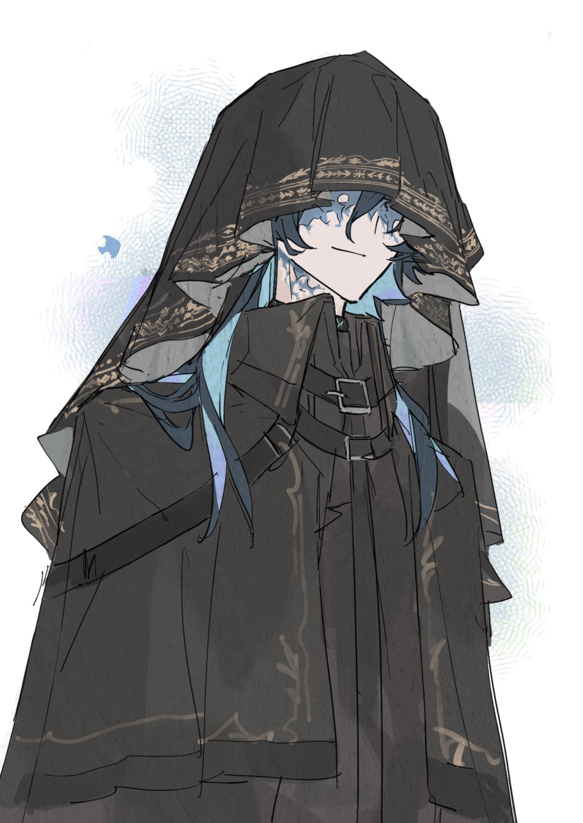 1boy, alternate_hair_length, alternate_hairstyle, arknights, belt_buckle, black_capelet, black_coat, black_veil