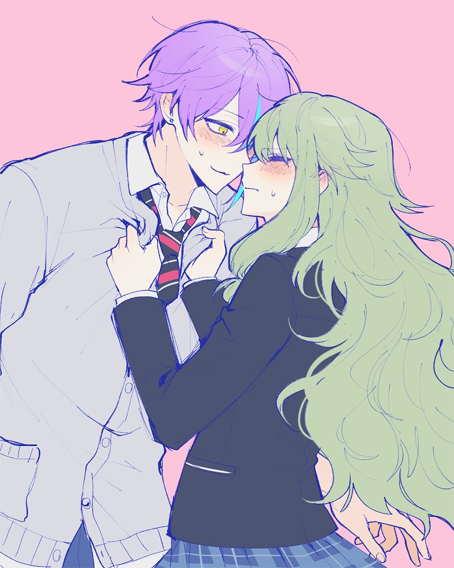 binsusoda, blazer, blue_hair, blue_jacket, blue_skirt, blush, cardigan, closed_eyes
