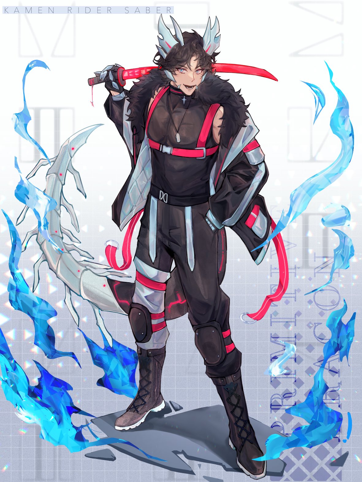 1boy, :d, adapted_costume, alternate_costume, black_gloves, black_hair, black_pants, blue_eyes