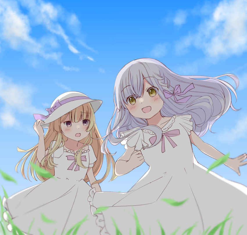 2girls, :d, aged_down, arm_at_side, assault_lily, benini, blonde_hair, blue_sky