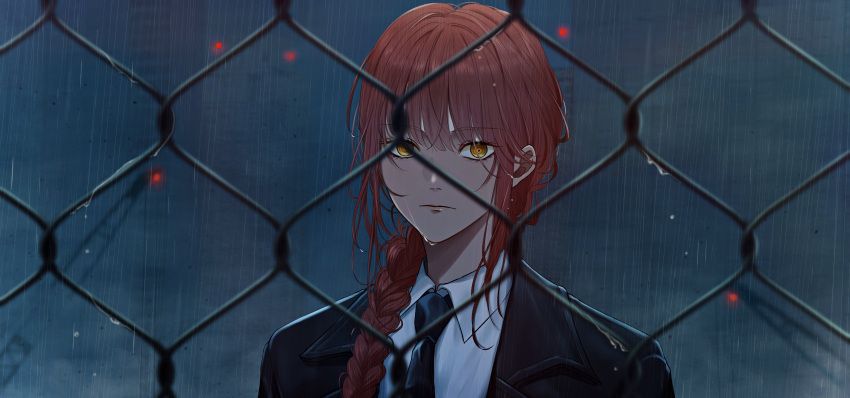 1girl, absurdres, black_coat, black_necktie, blunt_bangs, braid, braided_ponytail, business_suit