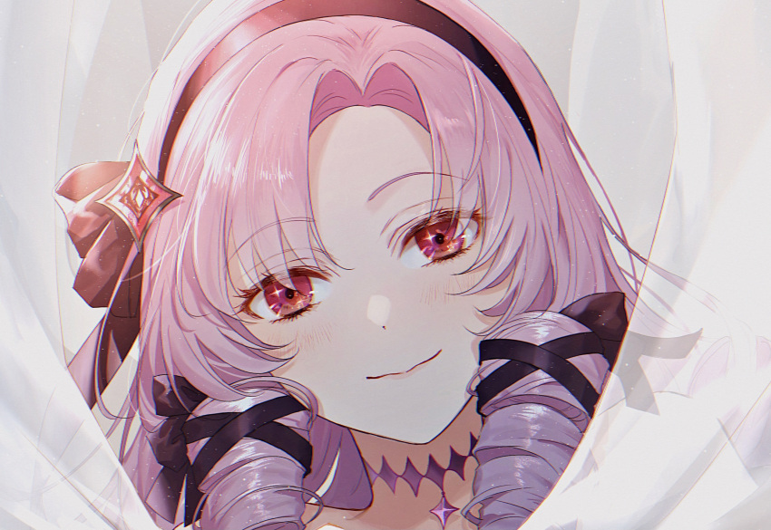 1girl, blush, closed_mouth, commentary_request, drill_hair, hairband, hama_m, highres