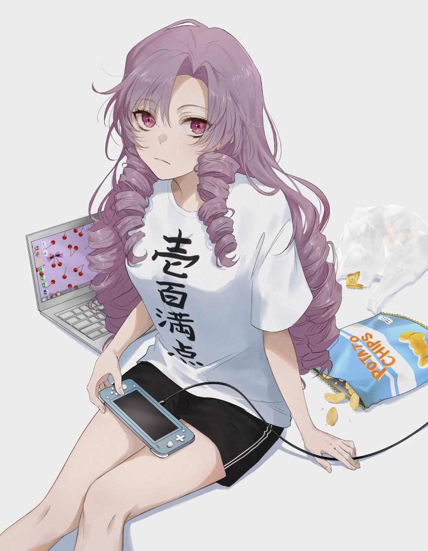 1girl, absurdres, bag, black_shorts, cable, chips_(food), closed_mouth, computer