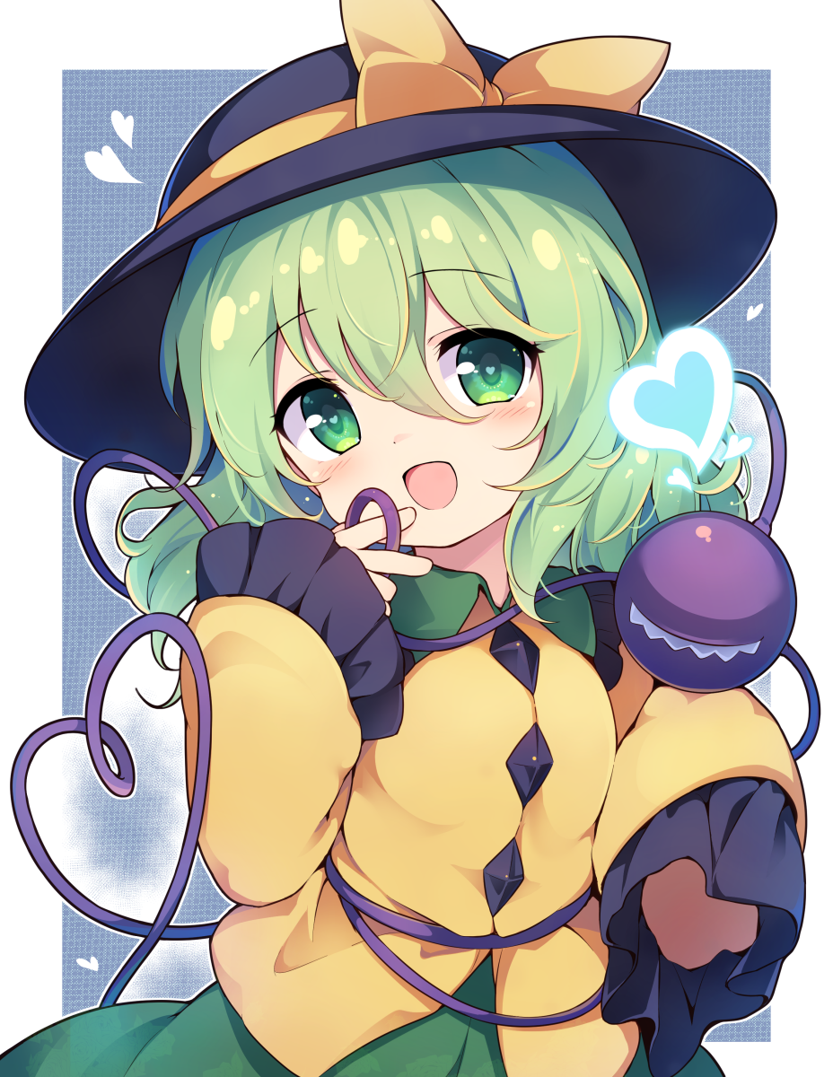 1girl, baku-p, black_headwear, blush, buttons, collared_shirt, diamond_button, frilled_shirt_collar, frilled_sleeves, frills, green_eyes, green_hair, green_skirt, hair_between_eyes, hat, hat_ribbon, heart, heart_of_string, highres, koishi_day, komeiji_koishi, long_sleeves, medium_hair, open_mouth, ribbon, shirt, skirt, smile, solo, third_eye, touhou, yellow_ribbon, yellow_shirt