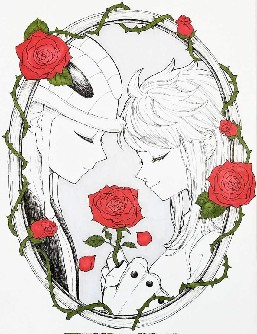 1boy, 1girl, arthropod_boy, closed_eyes, couple, flower, framed, highres