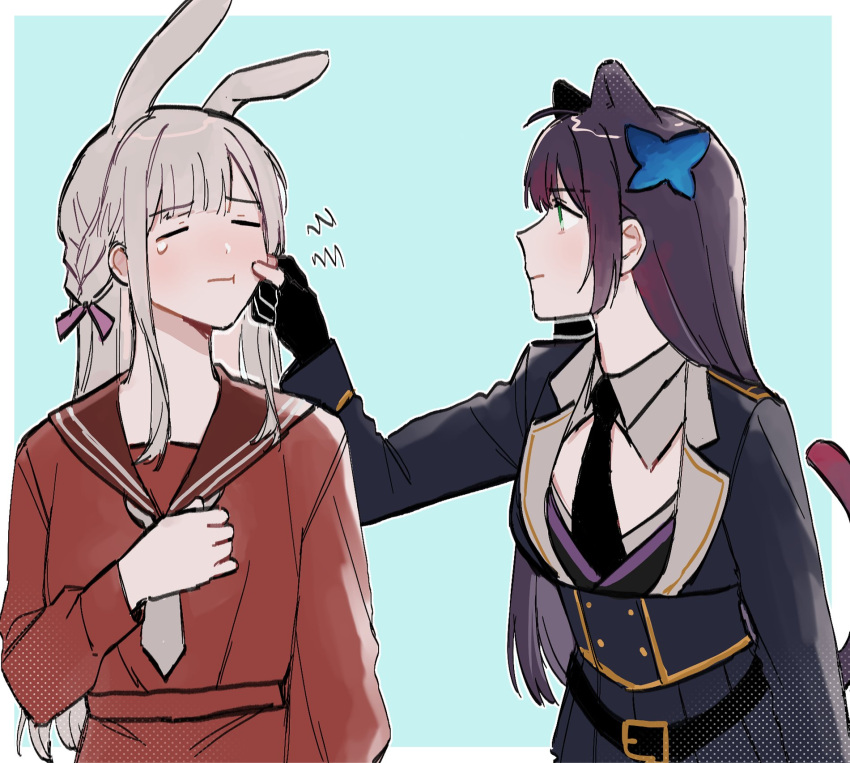 2girls, :t, ahoge, animal_ears, aqua_background, arm_at_side, assault_lily, belt