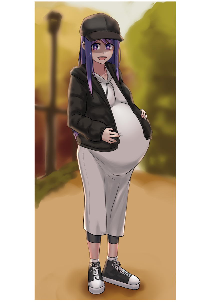 absurdres, bike_shorts, blurry, blurry_background, dress, full_body, garylin, hand_on_own_stomach, hat, highres, hoshino_ai_(oshi_no_ko), jacket, long_dress, long_sleeves, looking_at_viewer, mother's_day, oshi_no_ko, pregnant, purple_hair, shoes, solo, standing, star-shaped_pupils, star_(symbol), symbol-shaped_pupils, violet_eyes