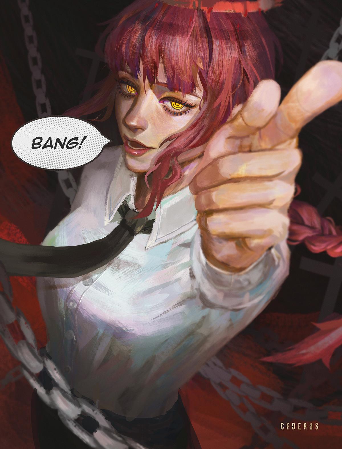 1girl, artist_name, bang_(gesture), black_necktie, black_pants, braid, braided_ponytail, cederus, chain, chainsaw_man, collared_shirt, finger_gun, halo, highres, looking_at_viewer, makima_(chainsaw_man), medium_hair, necktie, open_mouth, pants, pointing, pointing_at_viewer, red_halo, ringed_eyes, shirt, shirt_tucked_in, sidelocks, smile, solo, speech_bubble, white_shirt, yellow_eyes