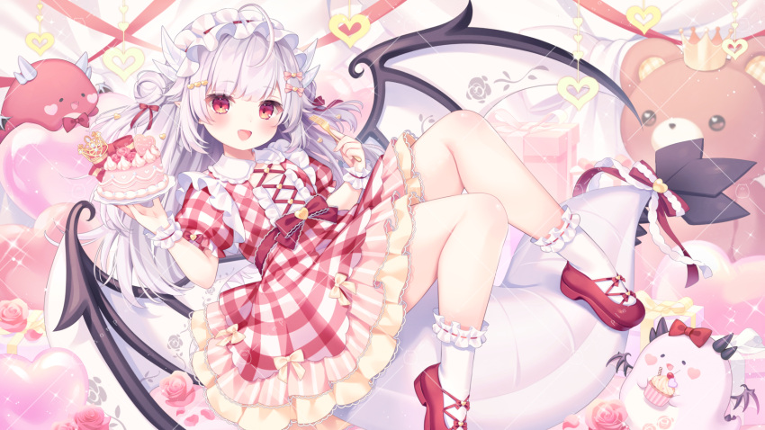 1girl, :d, ahoge, commentary_request, crown, double_bun, dress, fang