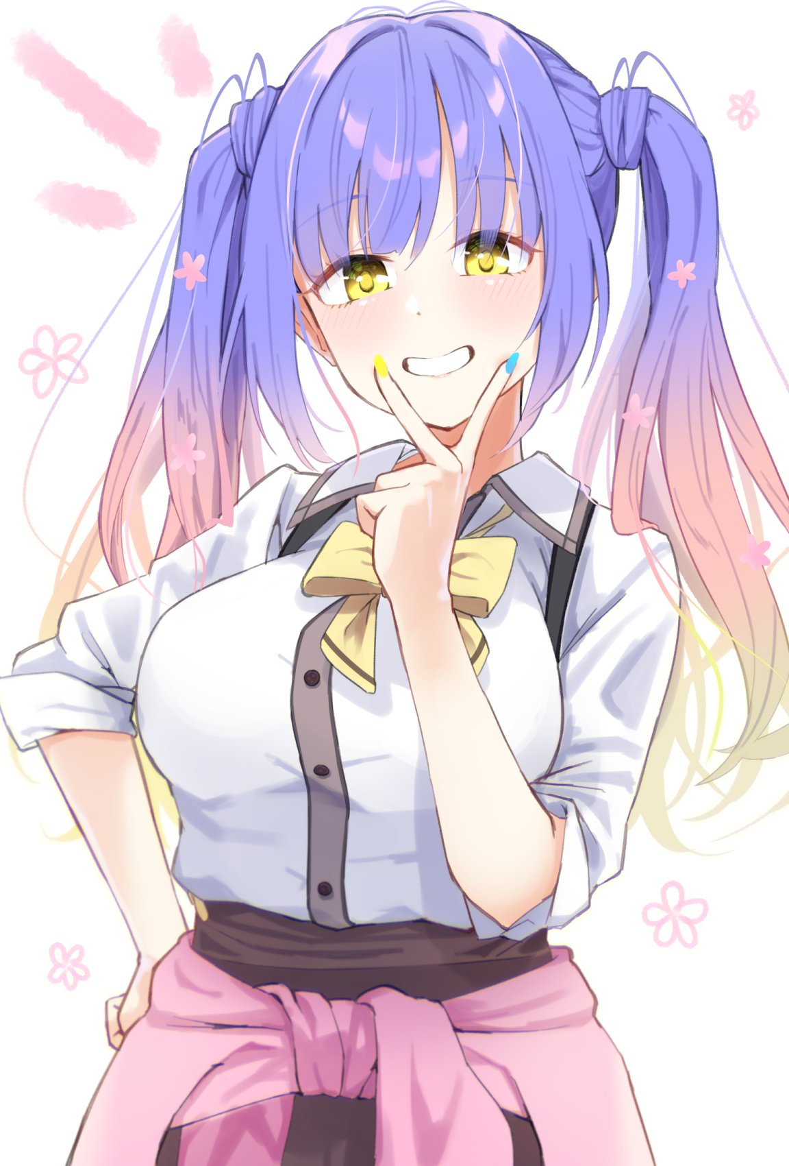 1girl, blonde_hair, blue_hair, blue_nails, blush, bow, breasts, brown_skirt