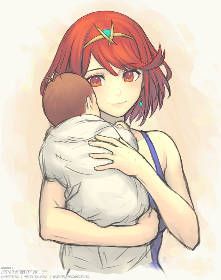 2girls, baby, baby_carry, carrying, earrings, gem, glimmer_(xenoblade), gofelem