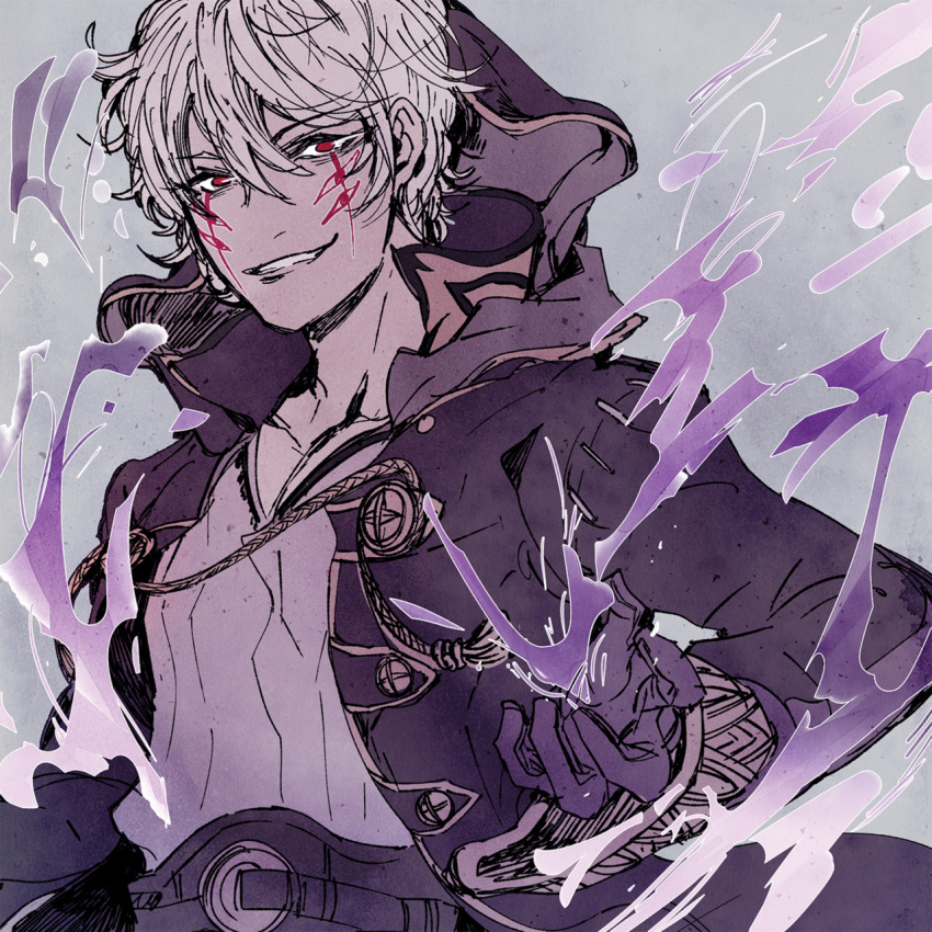 1boy, belt, evil_smile, eyes_of_grima, fire_emblem, fire_emblem_awakening, fire_emblem_heroes, gloves, grima_(fire_emblem), highres, looking_at_viewer, red_eyes, robe, robin_(fire_emblem), robin_(male)_(fire_emblem), smile, spell, upper_body, white_hair, wizard, xuanlulu