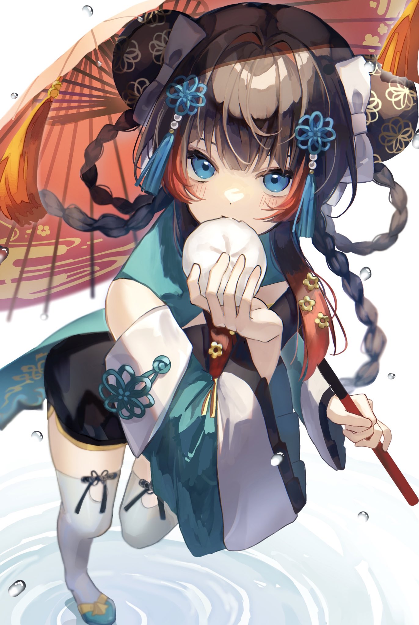 1girl, back_hair, biting, black_dress, blue_eyes, braid, bun_cover, china_dress