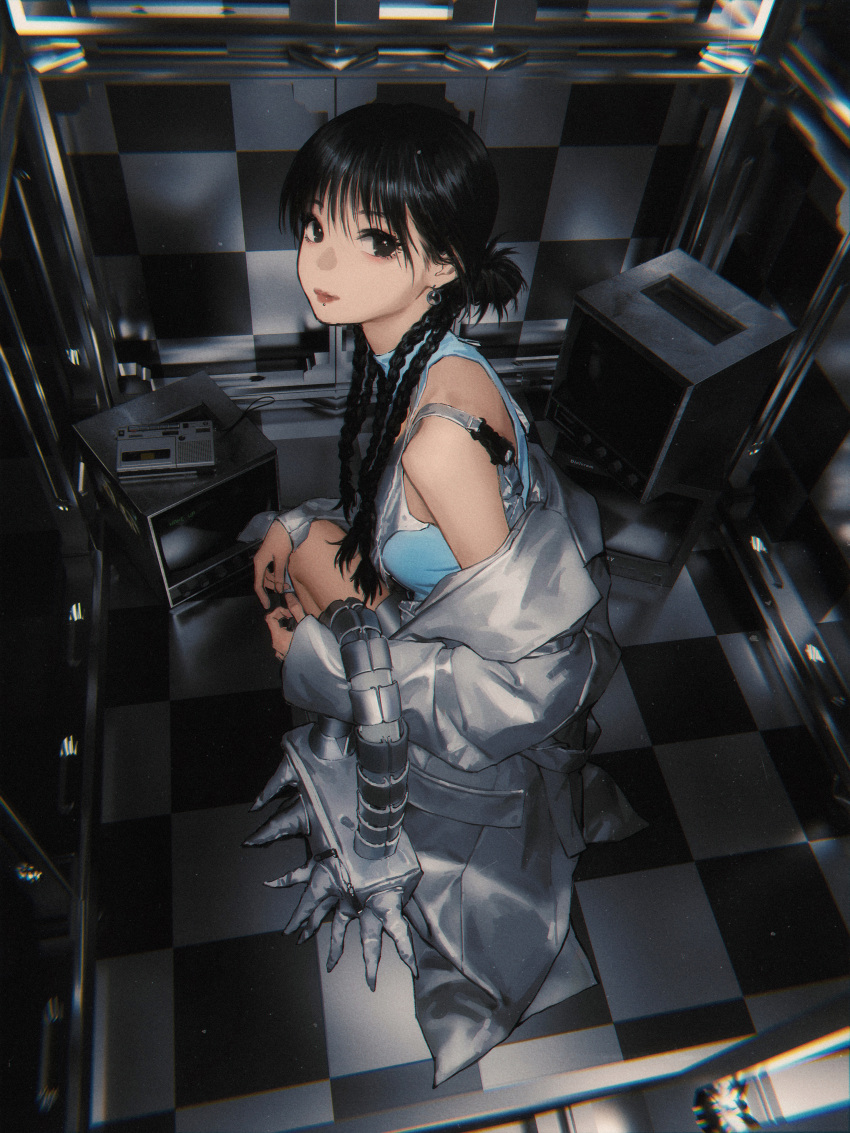 1girl, absurdres, bag, black_eyes, black_hair, blue_shirt, braid, cassette_player