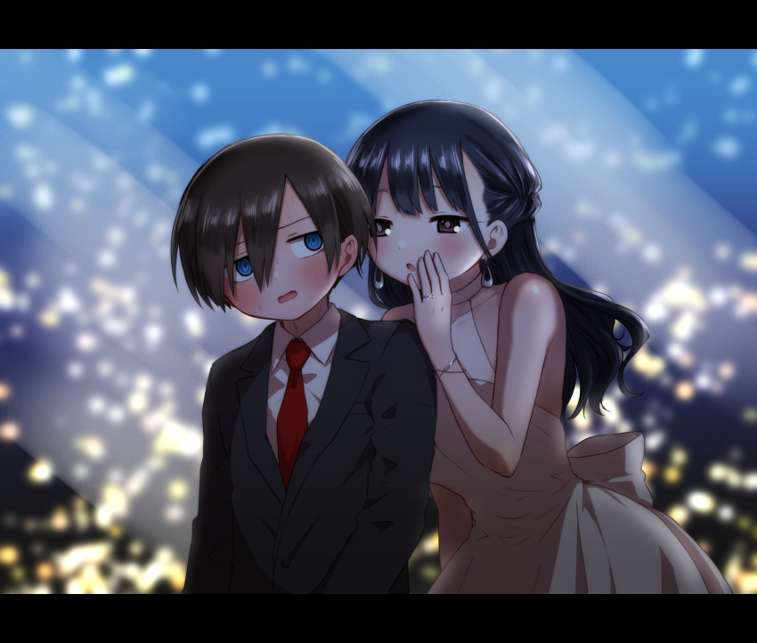 1boy, 1girl, black_hair, black_suit, blurry, blurry_background, boku_no_kokoro_no_yabai_yatsu, bracelet