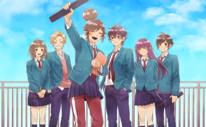 3boys, 3girls, aida_miou, arms_behind_back, belt, belt_buckle, black_belt, black_socks