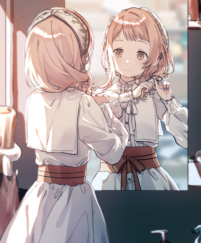 1girl, blue_nails, brown_eyes, brown_hair, dress, hairband, highres, idolmaster, idolmaster_shiny_colors, light_brown_hair, long_sleeves, looking_at_mirror, migolu, mirror, puffy_sleeves, red_sash, reflection, sakuragi_mano, sash, solo, swept_bangs, tying_hair, white_dress
