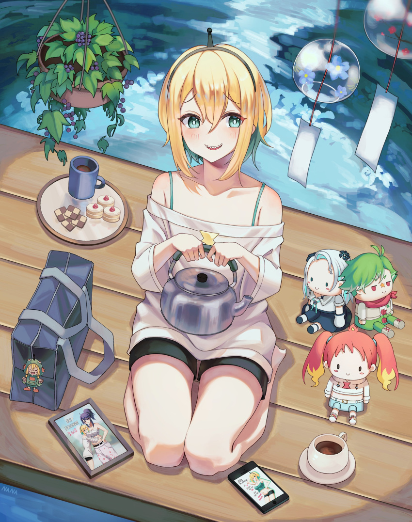 1girl, absurdres, amano_pikamee, antennae, blonde_hair, cellphone, coffee_cup, cookie