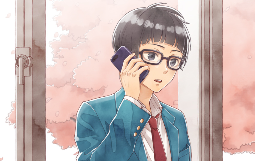 1boy, arched_bangs, black-framed_eyewear, black_eyes, black_hair, blazer, blue_jacket, breast_pocket