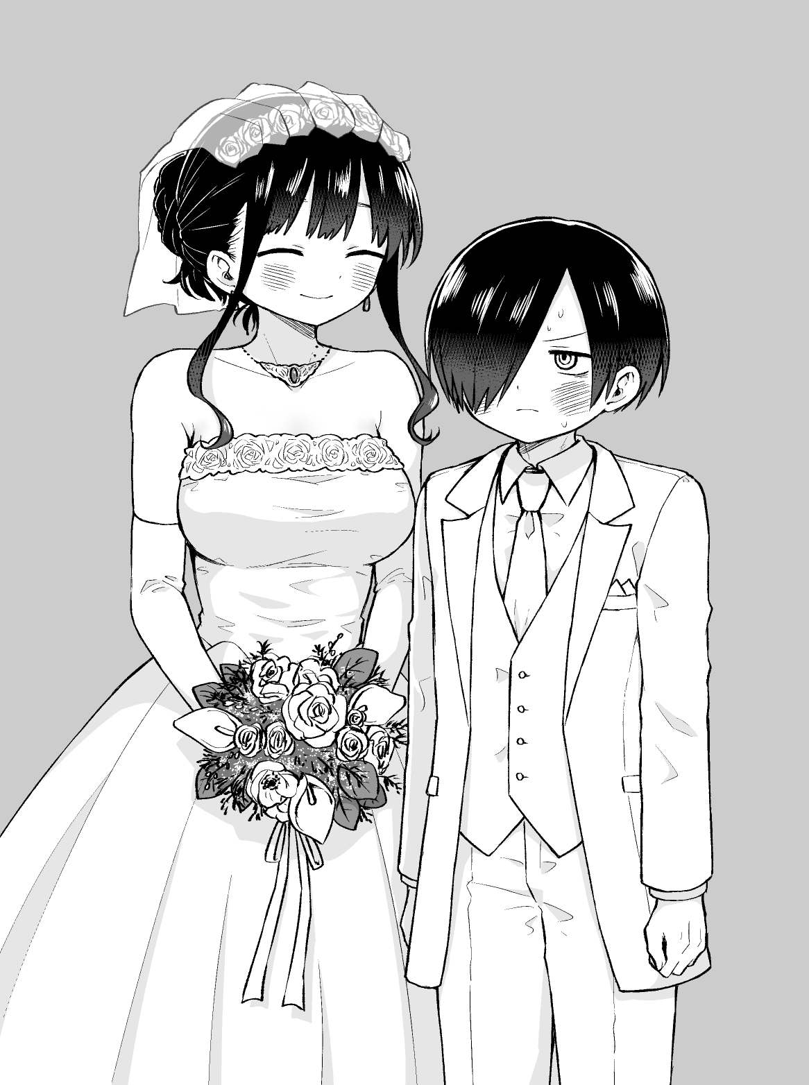 1boy, 1girl, arms_at_sides, bare_shoulders, black_hair, blush, boku_no_kokoro_no_yabai_yatsu, bouquet