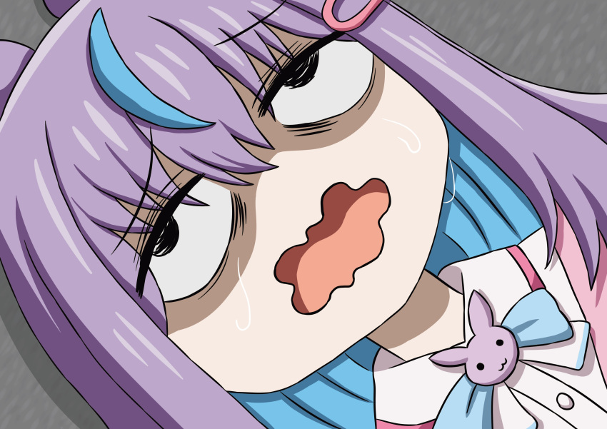 1girl, 2023, black_eyes, demosense, hair_clip, hyogayome, indie_virtual_youtuber, kangaroo, light_skinned_female, meme, open_mouth, purple_hair, virtual_youtuber