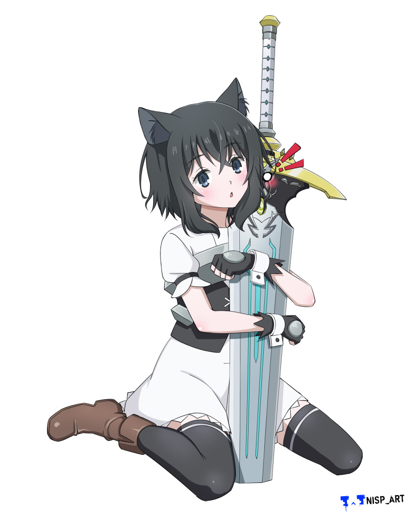 1girl, 1other, :o, absurdres, animal_ears, artist_name, black_gloves, black_hair, blue_eyes, blush, boots, brown_footwear, cat_ears, cat_girl, chest_armor, child, dress, female_child, fingerless_gloves, fran_(tensei_shitara_ken_deshita), full_body, gloves, highres, holding, holding_sword, holding_weapon, huge_weapon, living_weapon, looking_at_viewer, nisp_art, on_ground, parted_lips, planted, planted_sword, shishou_(tensei_shitara_ken_deshita), short_hair, short_sleeves, simple_background, sitting, sword, tensei_shitara_ken_deshita, thigh-highs, unsheathed, wariza, weapon, white_background, white_dress, wrist_cuffs