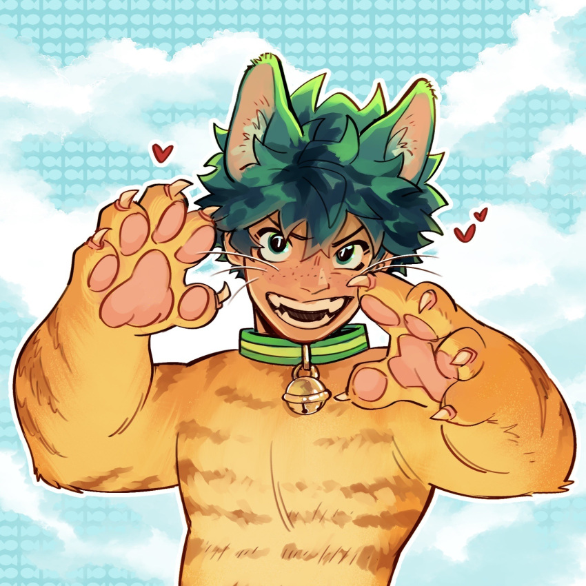 1boy, animal_ears, animal_hands, bell, boku_no_hero_academia, cat_boy, cat_ears, claws, collar, commentary, english_commentary, freckles, furrification, furry, furry_male, green_collar, green_eyes, green_hair, habkart, hair_between_eyes, hands_up, heart, highres, looking_at_viewer, male_focus, midoriya_izuku, neck_bell, open_mouth, orange_fur, pawpads, short_hair, smile, solo, teeth, upper_body