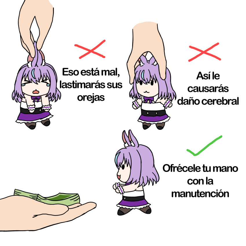 >_<, 1girl, :3, banknote, crying, demosense, hands, holding, holding_person, how_to_hold_x_(meme), hyogayome, indie_virtual_youtuber, kangaroo_ears, looking_at_object, meme, multiple_views, purple_hair, purple_skirt, short_hair, skirt, smile, spanish_commentary, spanish_text, virtual_youtuber