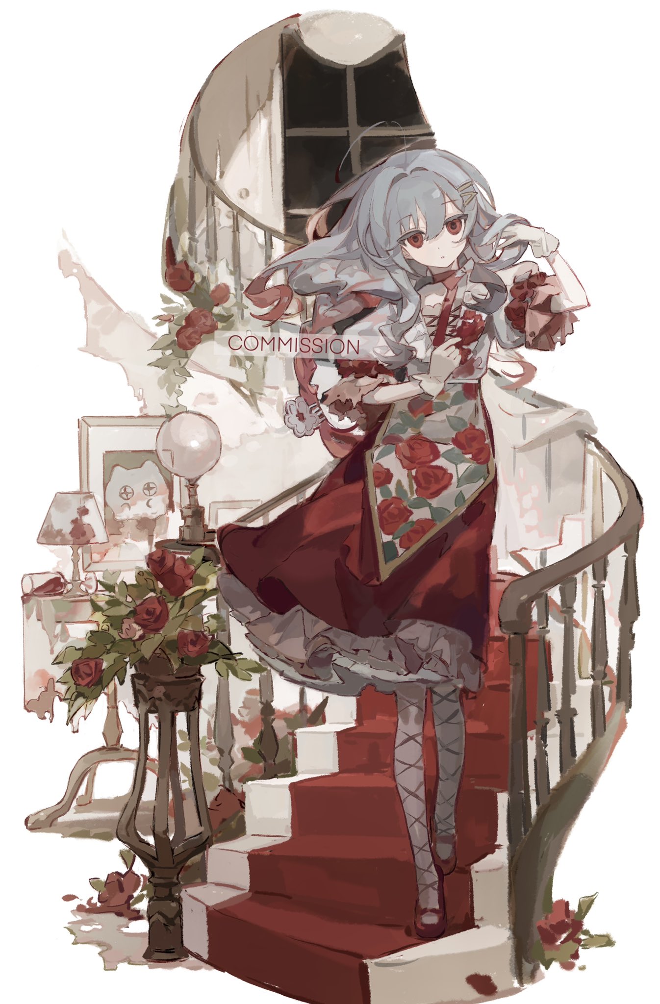 1girl, ahoge, commission, dress, fishnet_pantyhose, fishnets, floral_print, flower, frilled_dress, frills, gelili366, grey_hair, hair_ornament, hairclip, highres, lantern, long_hair, looking_at_viewer, original, pantyhose, parted_lips, plant, potted_plant, red_dress, red_eyes, red_flower, red_footwear, red_rose, rose, shoes, sidelocks, simple_background, solo, spiral_staircase, stairs, table, white_background, window
