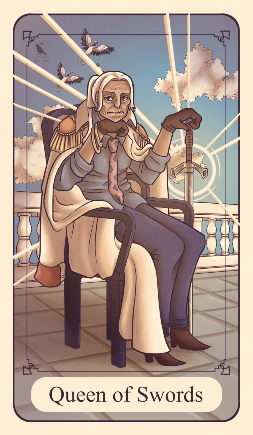 1girl, artist_name, aucuparia, bird, card_(medium), chair, closed_mouth, coat