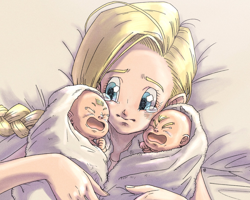 1boy, 2girls, baby, bed_sheet, bianca_(dq5), blonde_hair, blue_eyes, braid