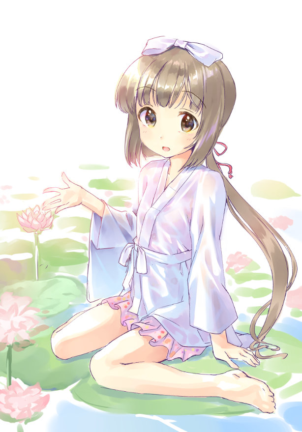 1girl, barefoot, blush, bow, flower, full_body, grey_eyes, grey_hair