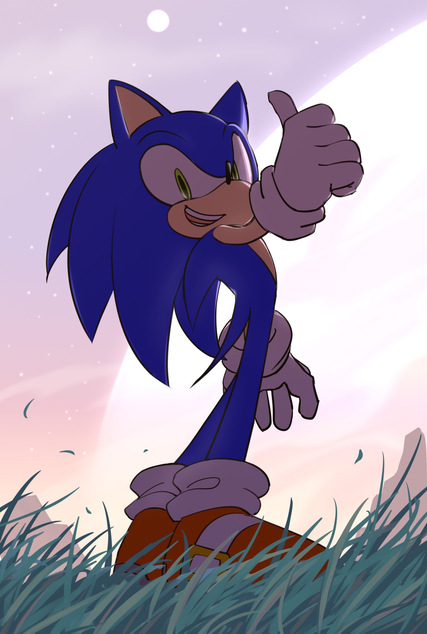 1boy, chaosrice, furry, gloves, grass, green_eyes, highres, looking_at_viewer, male_focus, open_mouth, outdoors, shoes, sky, solo, sonic_(series), sonic_the_hedgehog, standing, teeth, thumbs_up, white_gloves