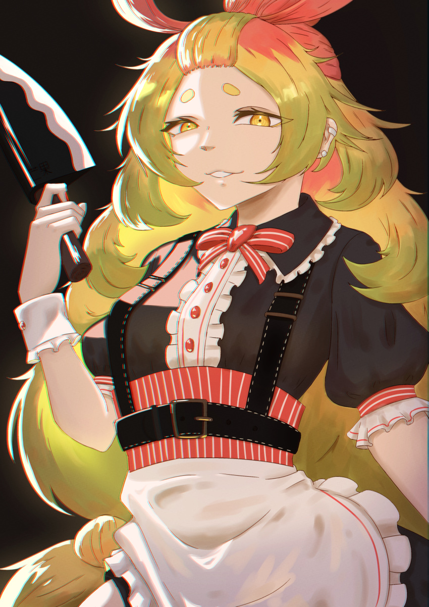 #1girl, #apron, #bow, #frills, #gold_eyes, #lighting, #long_hair, #maid_outfit, #vtuber