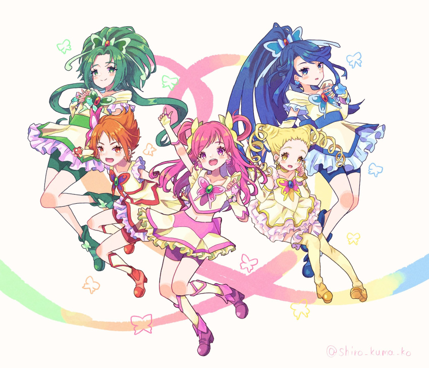 5girls, akimoto_komachi, bike_shorts_under_skirt, blonde_hair, blue_eyes, blue_hair, blush, butterfly_brooch