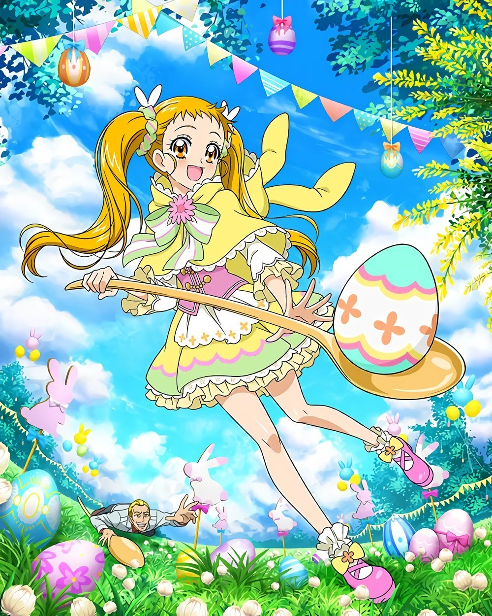 1boy, 1girl, apron, blonde_hair, bunbee_(yes!_precure_5), capelet, cure_lemonade, easter_egg, egg, highres, kasugano_urara_(yes!_precure_5), long_hair, official_art, oversized_object, pink_corset, pink_footwear, precure, precure_connection_puzzlun, rabbit, short_bangs, smile, solo, solo_focus, spoon, third-party_source, twintails, yellow_capelet, yellow_eyes, yes!_precure_5