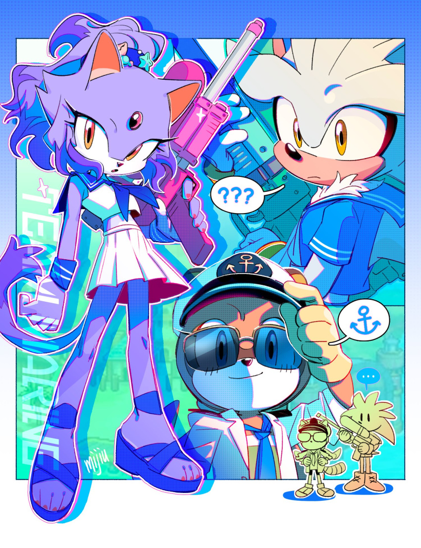 ?, anchor, blaze_the_cat, blue_necktie, furry, furry_female, furry_male, gloves, gun, highres, holding, holding_gun, holding_weapon, marine_the_raccoon, miijiu, necktie, shirt, silver_the_hedgehog, skirt, sonic_(series), speech_bubble, sunglasses, water_gun, weapon, white_gloves, white_shirt, white_skirt