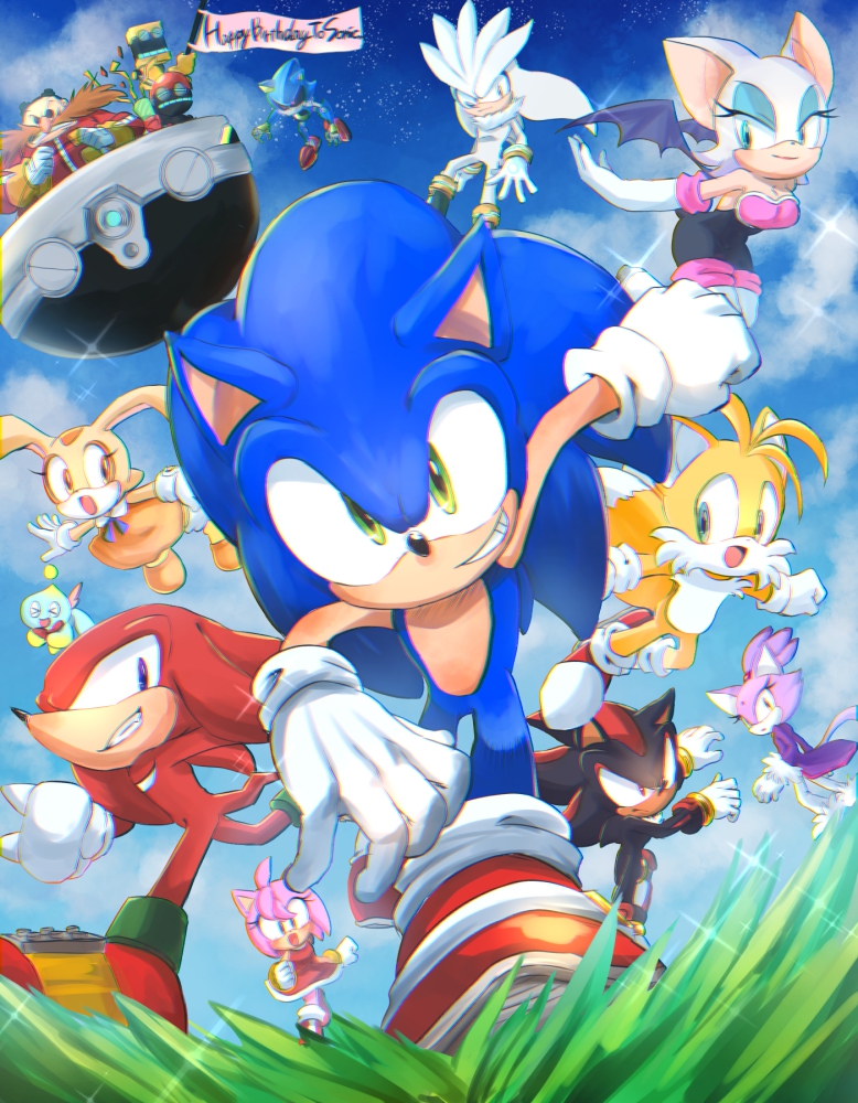 4girls, 6+boys, amy_rose, blaze_the_cat, blue_sky, chao_(sonic), cheese_(sonic), clouds, cream_the_rabbit, cubot, day, dr._eggman, flying, furry, furry_female, furry_male, gloves, grass, knuckles_the_echidna, metal_sonic, open_mouth, orbot, outdoors, rouge_the_bat, shadow_the_hedgehog, shoes, silver_the_hedgehog, sky, sonic_(series), sonic_the_hedgehog, tails_(sonic), tondamanuke, white_gloves