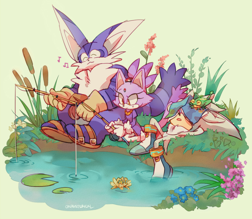 big_the_cat, blaze_the_cat, blue_flower, book, book_on_head, closed_eyes, fishing, fishing_rod