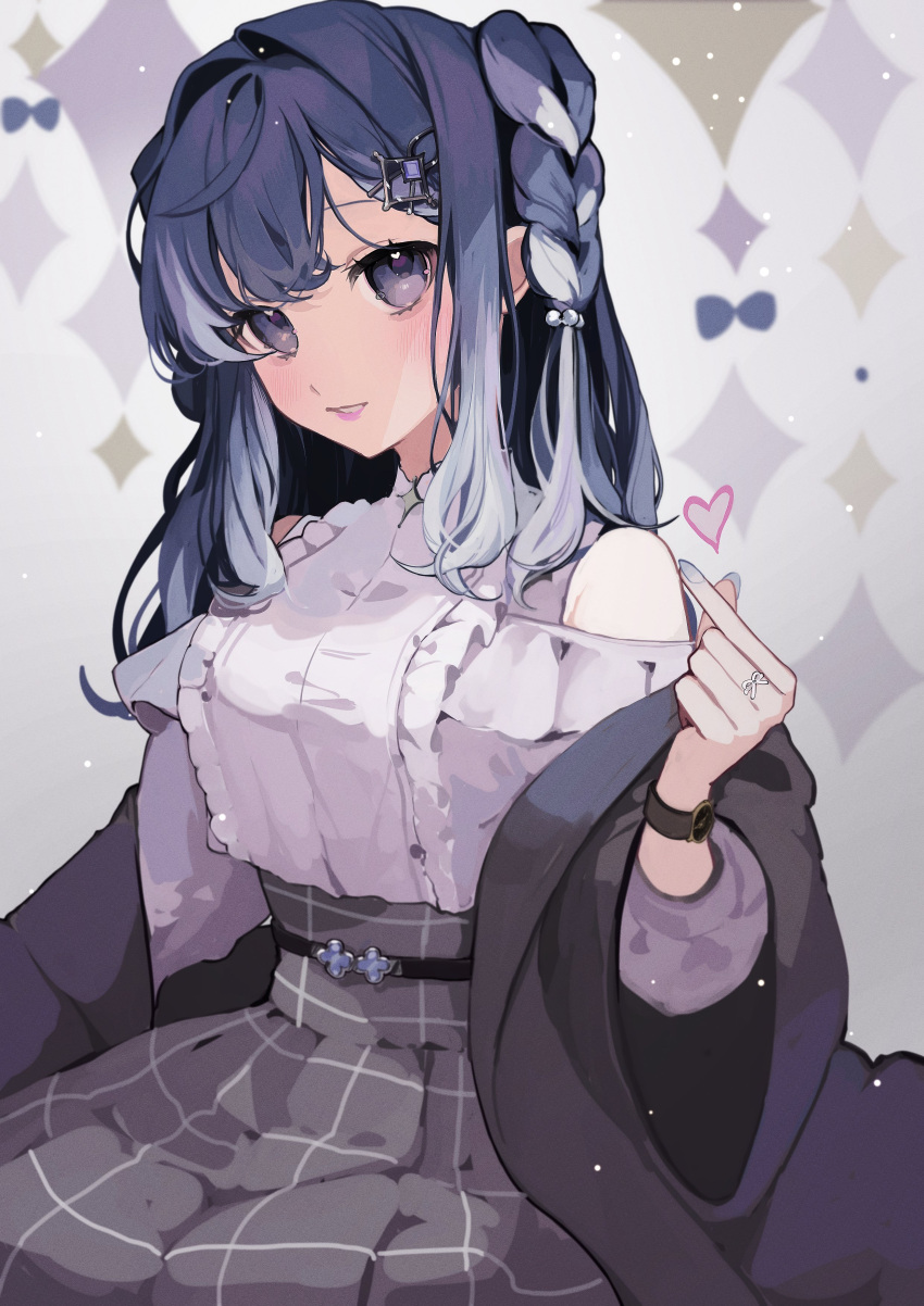 1girl, absurdres, bare_shoulders, belt, blue_eyes, blue_hair, blue_nails, blush
