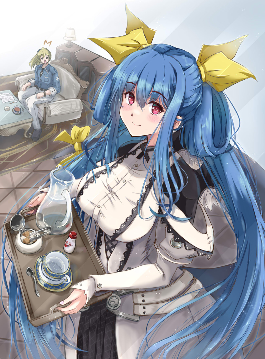 1boy, 1girl, anniversary, belt, blue_hair, breasts, casual, closed_mouth
